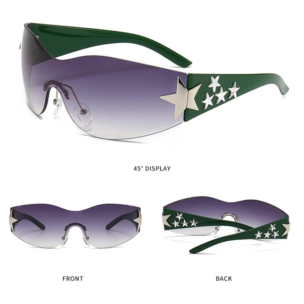 Black Sunglasses Cool UV400 Protection for Beach, Outdoor Wrap around Rimless Y2K Sunglasses Sun Glasses Stars Decor