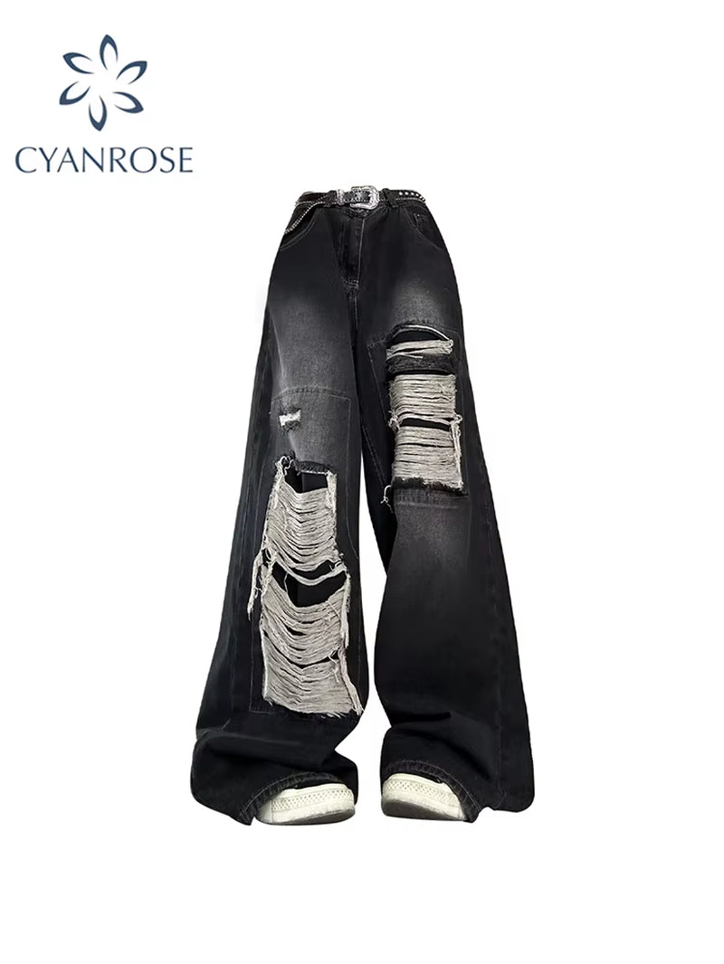 Women'S Gothic Black Jeans High Waist Vintage Korean Fashion Y2K Streetwear Ripped Pants Harajuku Casual Wide Leg Denim Trousers