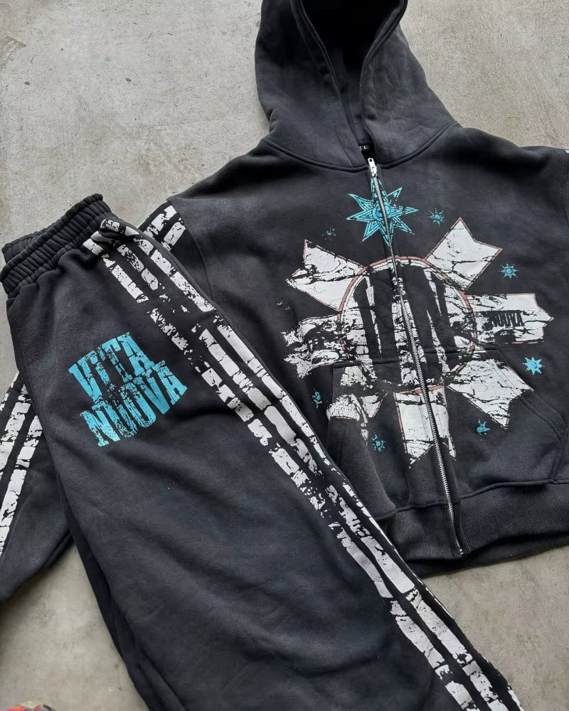 Y2K American Hip Hop Fashion New Men Clothing Striped Print Design Men Sets Harajuku Gothic Trend Retro Oversized Sportswear