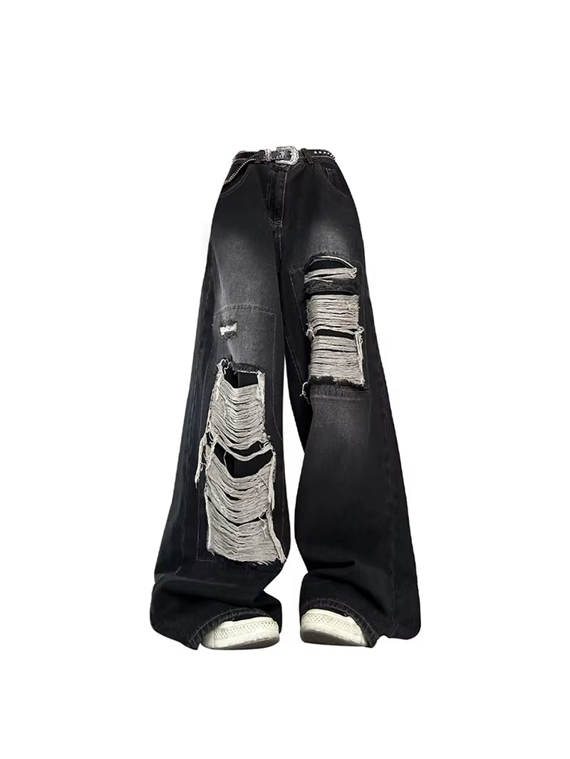 Women'S Gothic Black Jeans High Waist Vintage Korean Fashion Y2K Streetwear Ripped Pants Harajuku Casual Wide Leg Denim Trousers