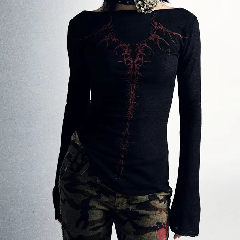 90S Vintage E-Girl Emo Clothes Fires Graphic Print Y2K Grunge T-Shirt Women Harajuku Retro Long Sleeve Tee Goth Punk Streetwear