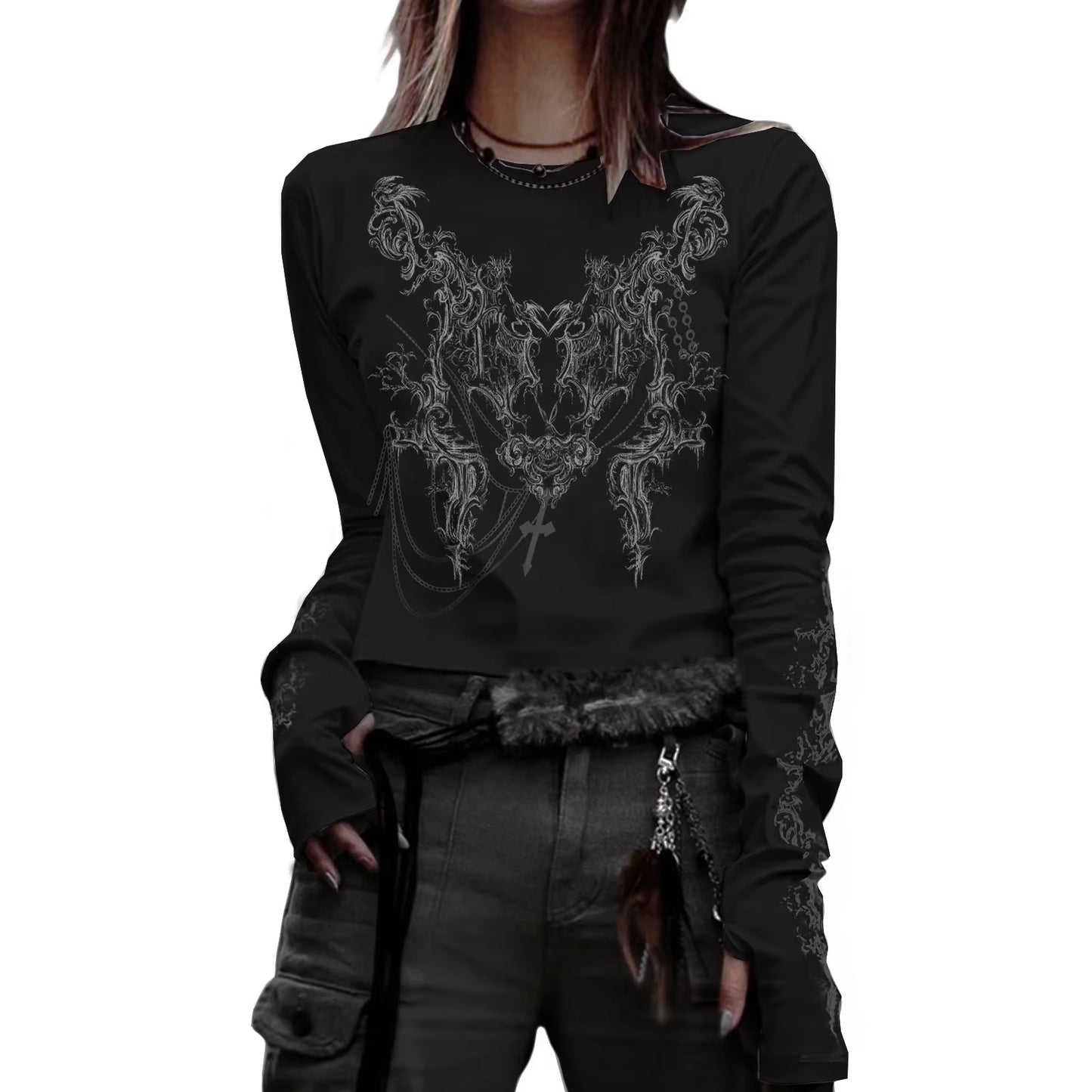 90S Vintage E-Girl Emo Clothes Fires Graphic Print Y2K Grunge T-Shirt Women Harajuku Retro Long Sleeve Tee Goth Punk Streetwear