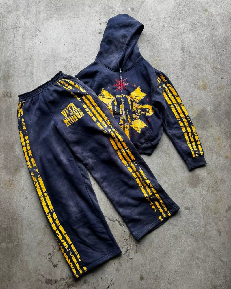 Y2K American Hip Hop Fashion New Men Clothing Striped Print Design Men Sets Harajuku Gothic Trend Retro Oversized Sportswear