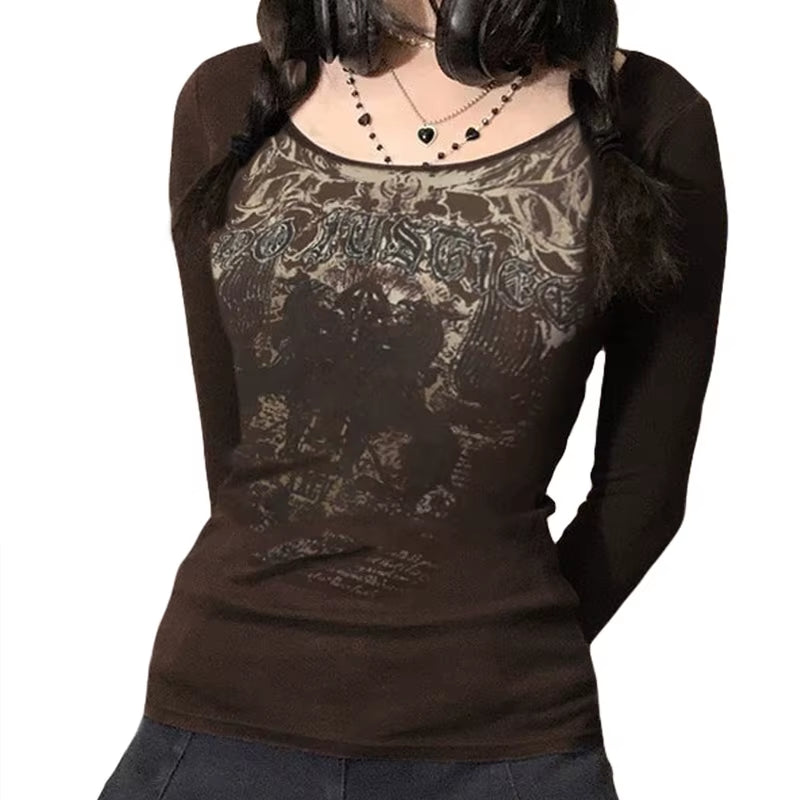 90S Vintage E-Girl Emo Clothes Fires Graphic Print Y2K Grunge T-Shirt Women Harajuku Retro Long Sleeve Tee Goth Punk Streetwear