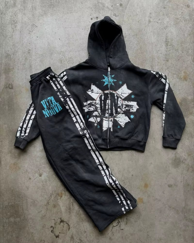 Y2K American Hip Hop Fashion New Men Clothing Striped Print Design Men Sets Harajuku Gothic Trend Retro Oversized Sportswear