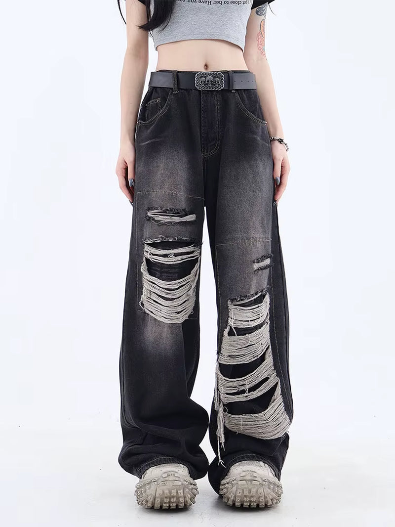 Women'S Gothic Black Jeans High Waist Vintage Korean Fashion Y2K Streetwear Ripped Pants Harajuku Casual Wide Leg Denim Trousers