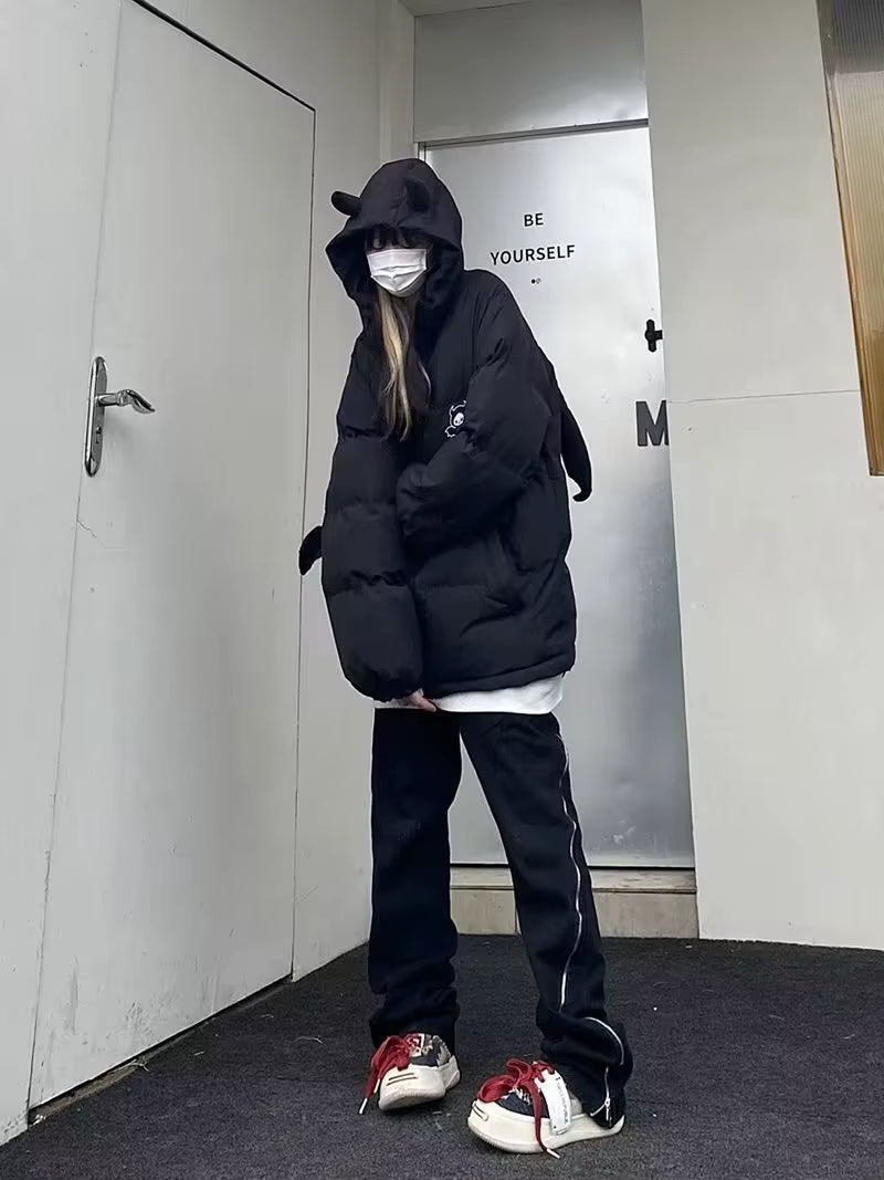 Winter Thicken Jacket Men Women Devil'S Horn+Tail Harajuku Y2K Wing Padded Puffer Jacket High Street Casual Vintage Loose Coat