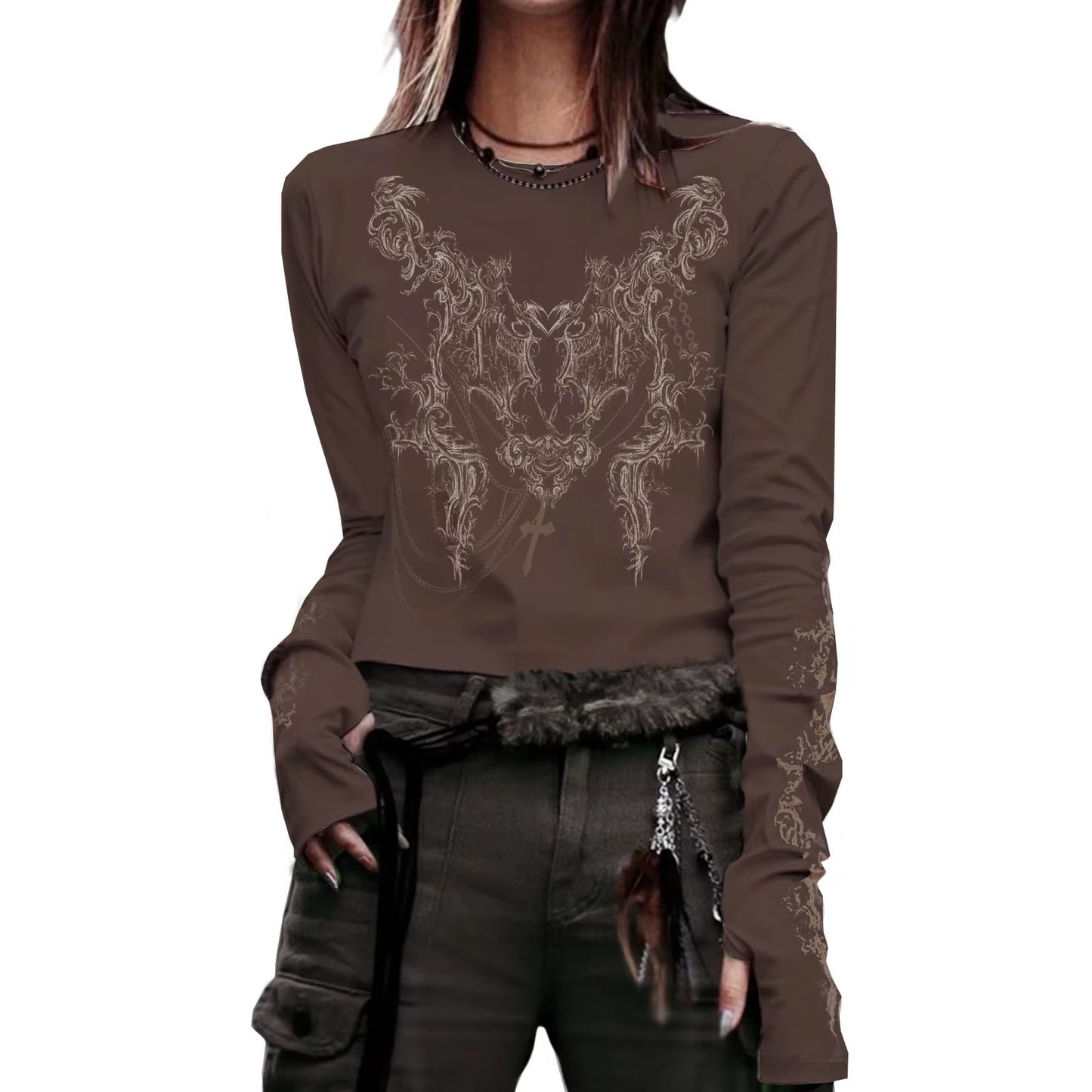 90S Vintage E-Girl Emo Clothes Fires Graphic Print Y2K Grunge T-Shirt Women Harajuku Retro Long Sleeve Tee Goth Punk Streetwear