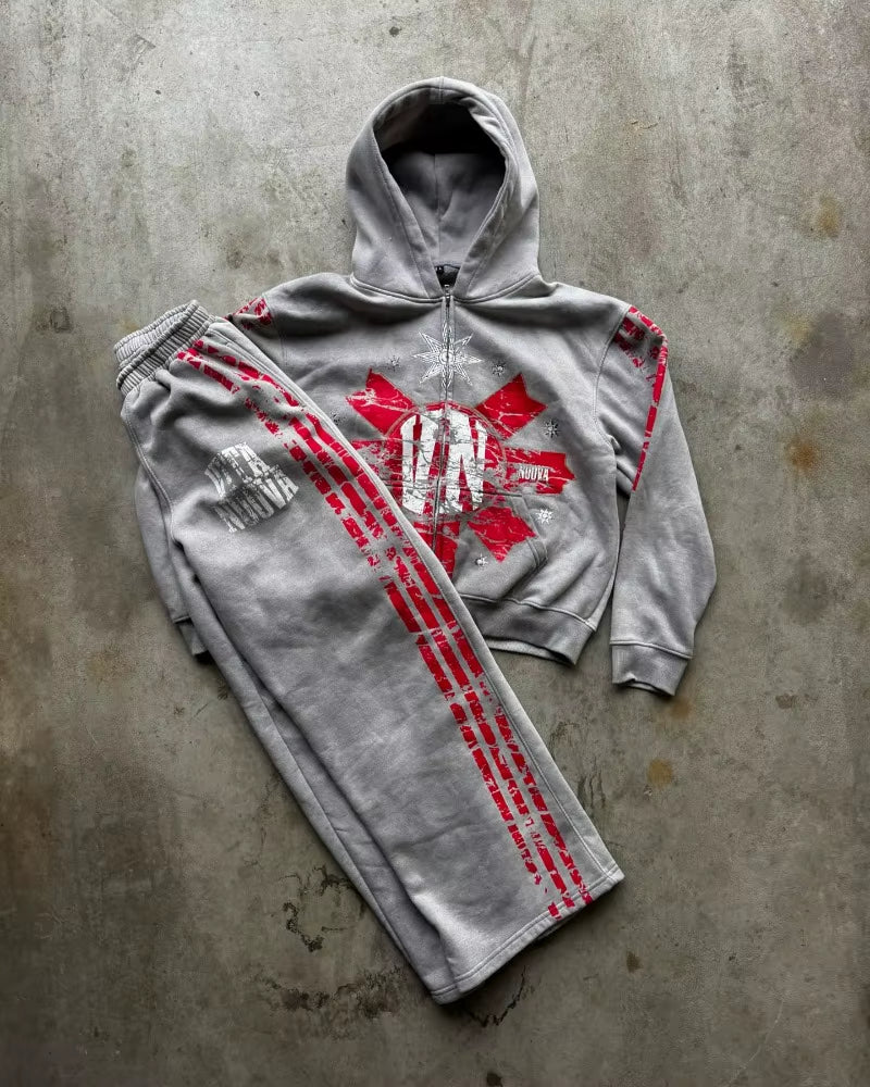 Y2K American Hip Hop Fashion New Men Clothing Striped Print Design Men Sets Harajuku Gothic Trend Retro Oversized Sportswear