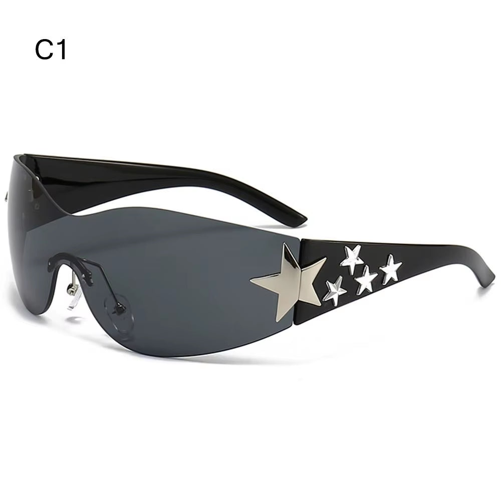 Black Sunglasses Cool UV400 Protection for Beach, Outdoor Wrap around Rimless Y2K Sunglasses Sun Glasses Stars Decor