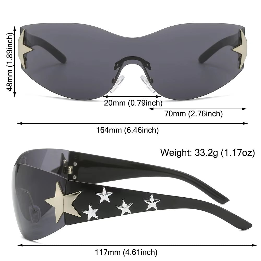 Black Sunglasses Cool UV400 Protection for Beach, Outdoor Wrap around Rimless Y2K Sunglasses Sun Glasses Stars Decor