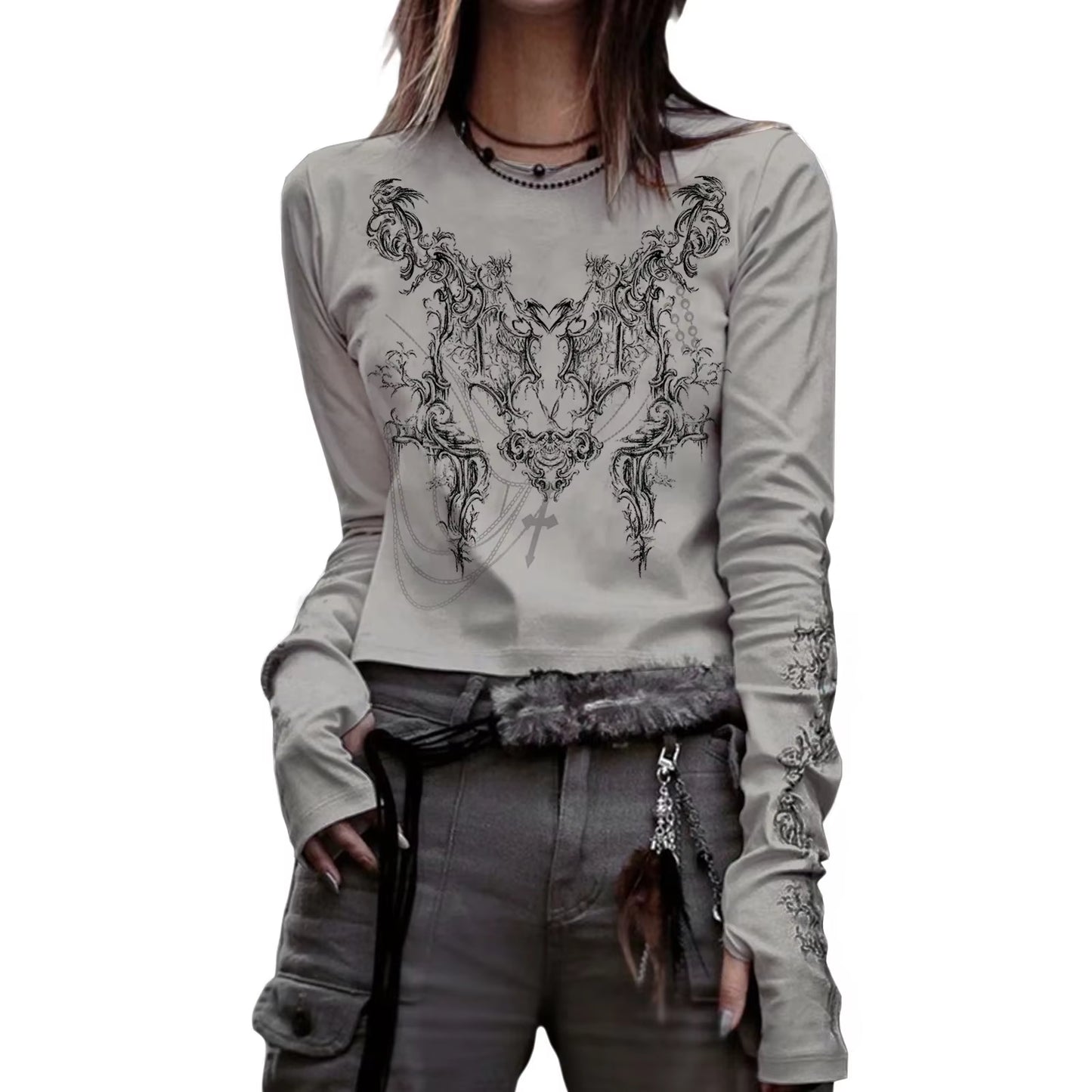 90S Vintage E-Girl Emo Clothes Fires Graphic Print Y2K Grunge T-Shirt Women Harajuku Retro Long Sleeve Tee Goth Punk Streetwear