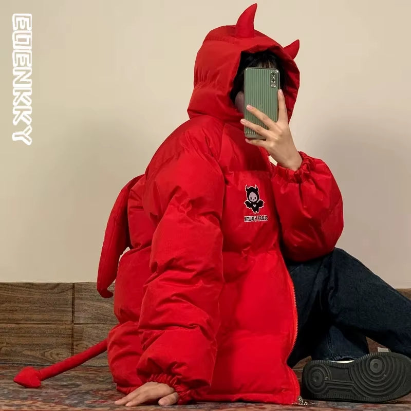 Winter Thicken Jacket Men Women Devil'S Horn+Tail Harajuku Y2K Wing Padded Puffer Jacket High Street Casual Vintage Loose Coat
