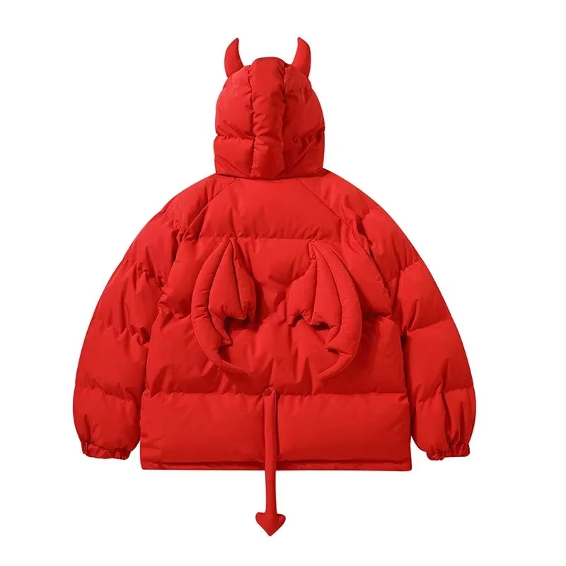 Winter Thicken Jacket Men Women Devil'S Horn+Tail Harajuku Y2K Wing Padded Puffer Jacket High Street Casual Vintage Loose Coat