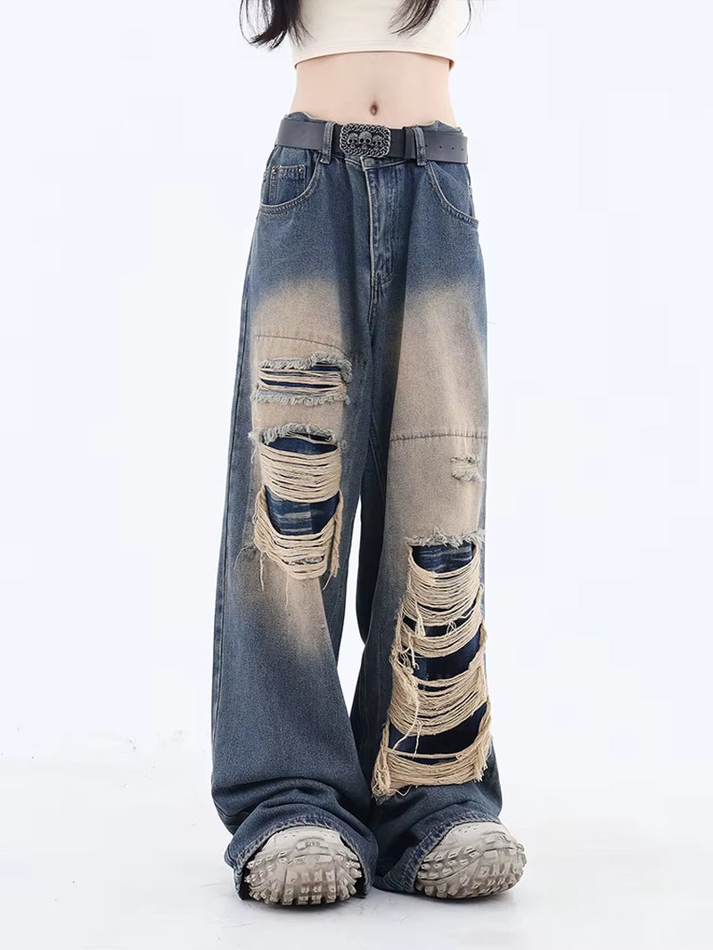 Women'S Gothic Black Jeans High Waist Vintage Korean Fashion Y2K Streetwear Ripped Pants Harajuku Casual Wide Leg Denim Trousers