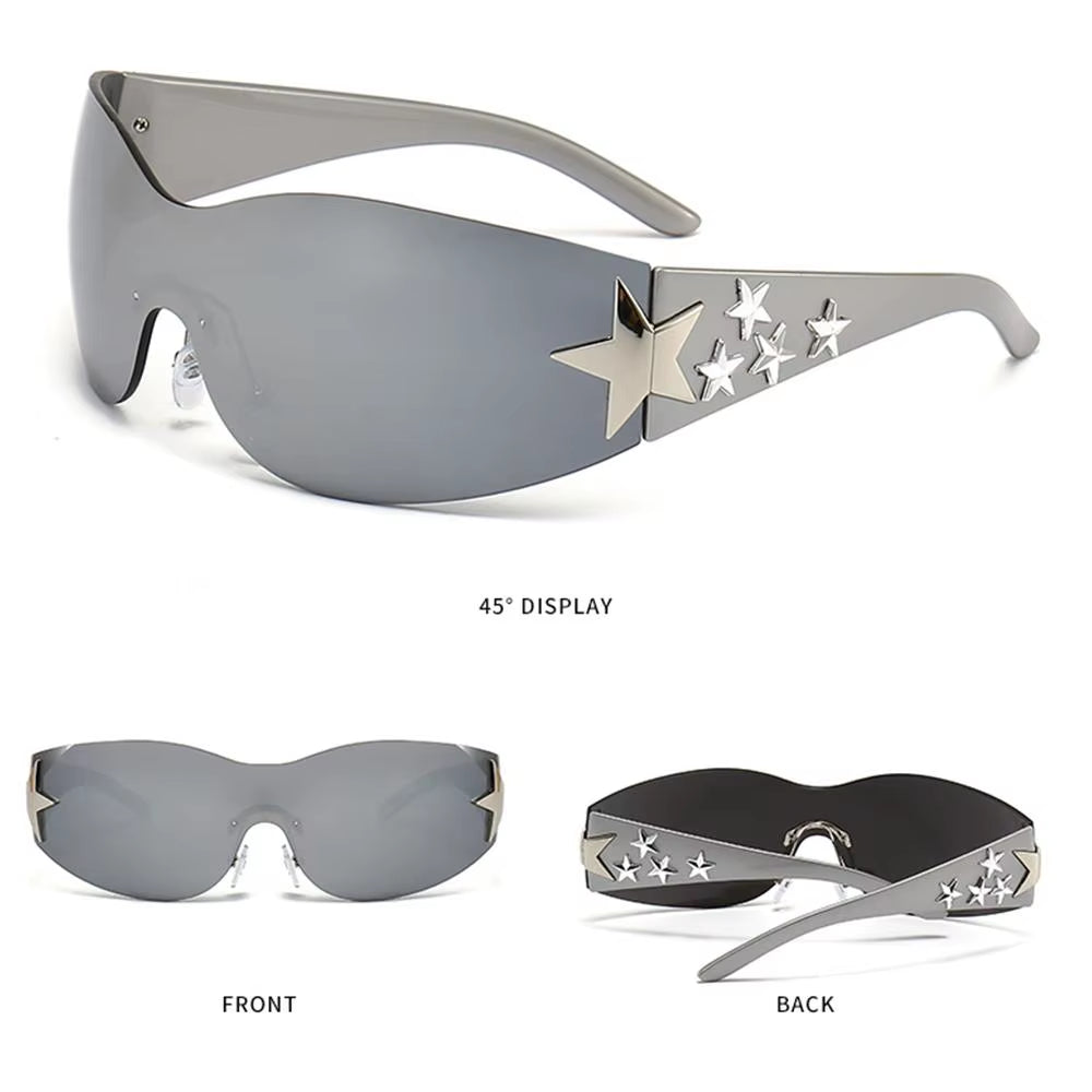 Black Sunglasses Cool UV400 Protection for Beach, Outdoor Wrap around Rimless Y2K Sunglasses Sun Glasses Stars Decor