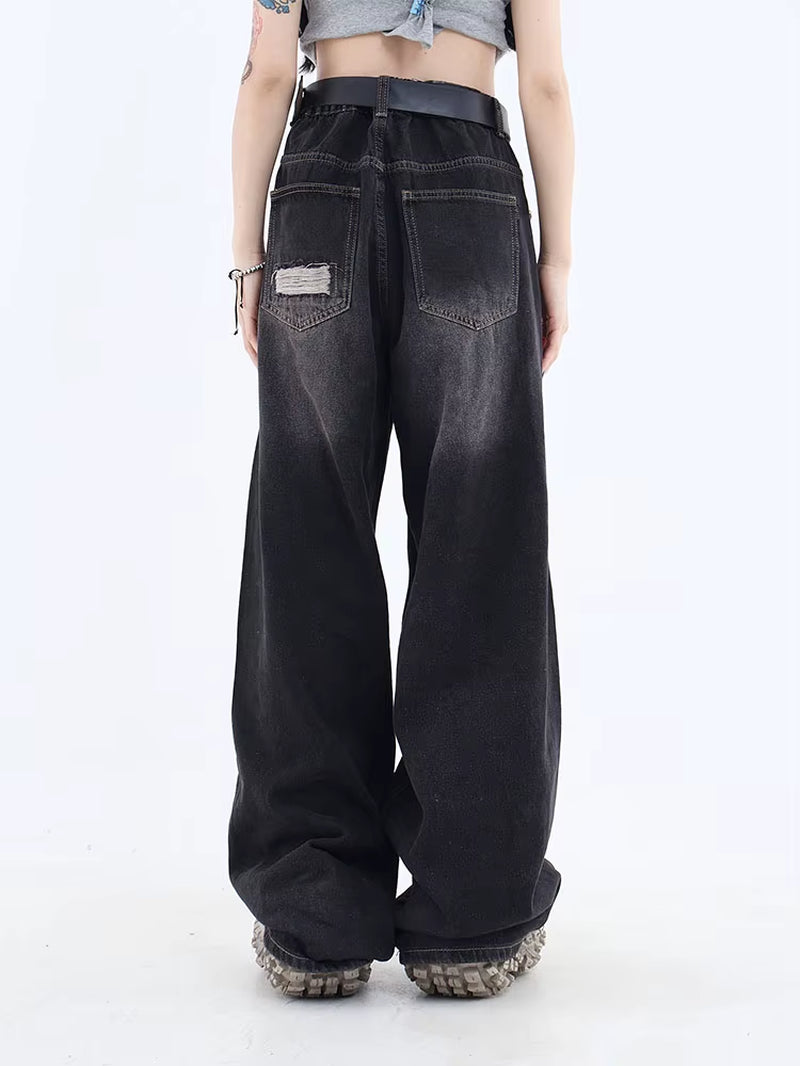 Women'S Gothic Black Jeans High Waist Vintage Korean Fashion Y2K Streetwear Ripped Pants Harajuku Casual Wide Leg Denim Trousers