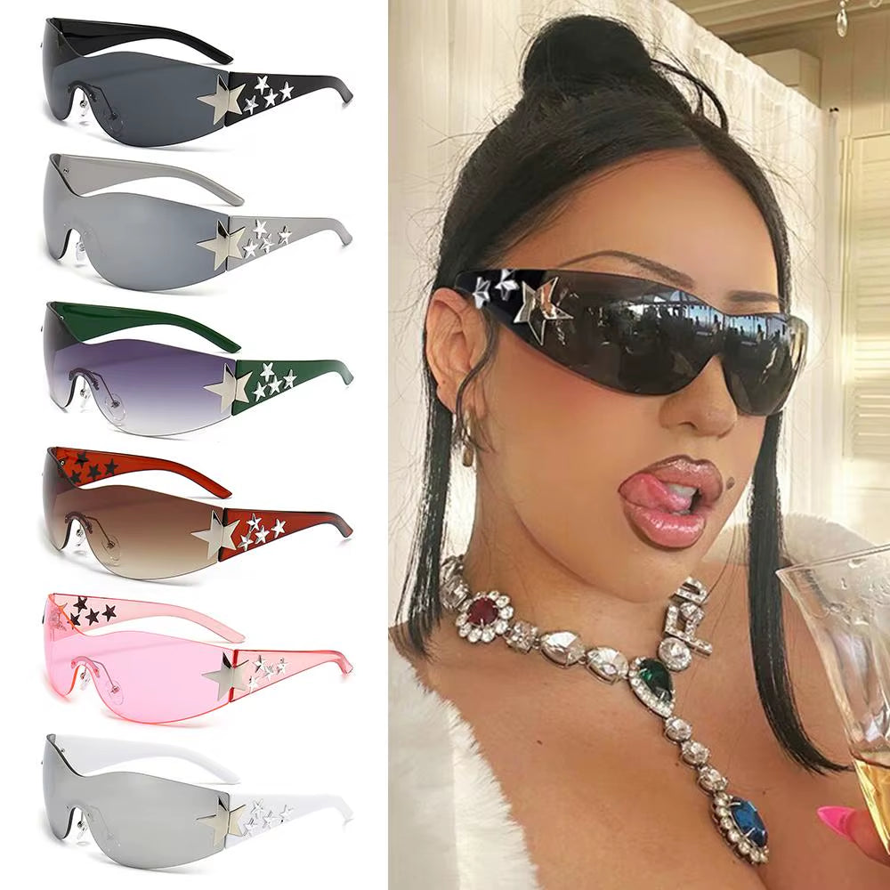 Black Sunglasses Cool UV400 Protection for Beach, Outdoor Wrap around Rimless Y2K Sunglasses Sun Glasses Stars Decor