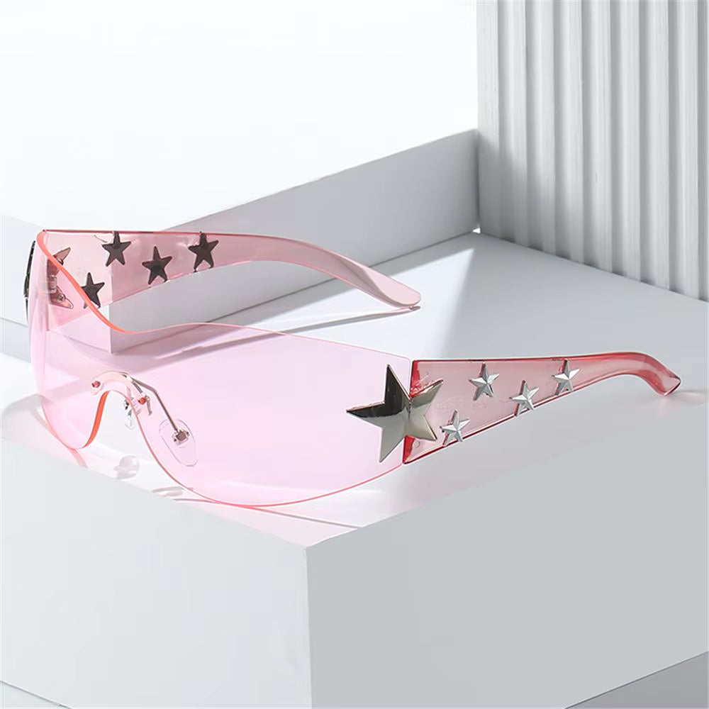 Black Sunglasses Cool UV400 Protection for Beach, Outdoor Wrap around Rimless Y2K Sunglasses Sun Glasses Stars Decor