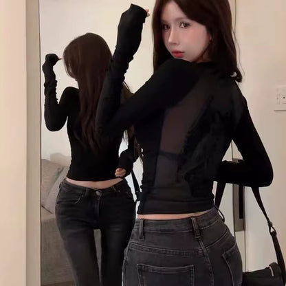 90S Vintage E-Girl Emo Clothes Fires Graphic Print Y2K Grunge Long Sleeve T-Shirt Aesthetics Black Gothic Punk Tee Streetwear