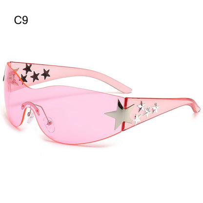 Black Sunglasses Cool UV400 Protection for Beach, Outdoor Wrap around Rimless Y2K Sunglasses Sun Glasses Stars Decor