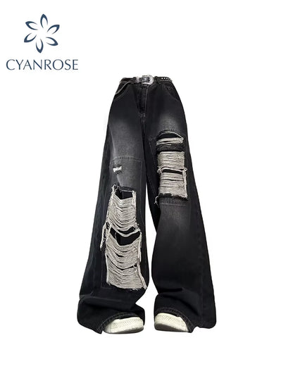 Women'S Gothic Black Jeans High Waist Vintage Korean Fashion Y2K Streetwear Ripped Pants Harajuku Casual Wide Leg Denim Trousers