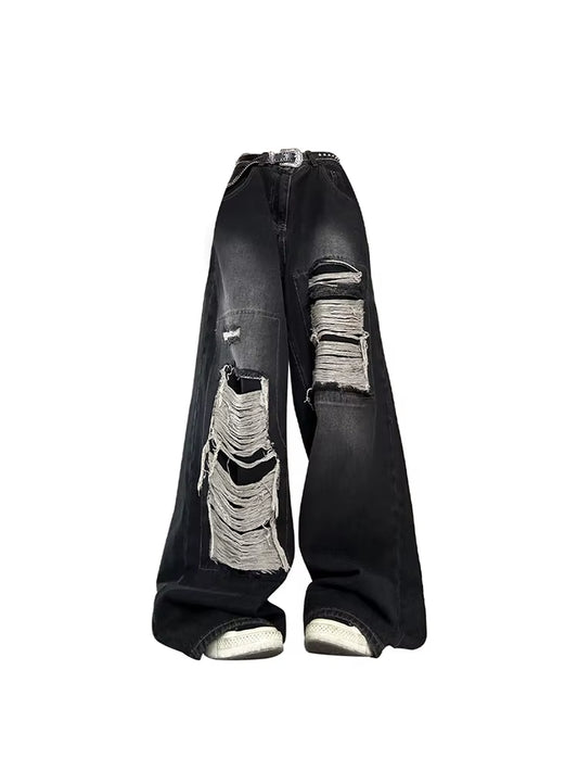 Women'S Gothic Black Jeans High Waist Vintage Korean Fashion Y2K Streetwear Ripped Pants Harajuku Casual Wide Leg Denim Trousers