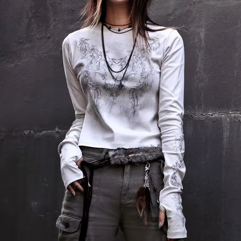 90S Vintage E-Girl Emo Clothes Fires Graphic Print Y2K Grunge T-Shirt Women Harajuku Retro Long Sleeve Tee Goth Punk Streetwear