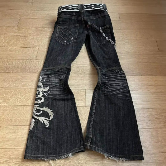 New High Waist Harajuku Loose Embroidered Women Jeans with Rock Punk Style Y2K Micro La Retro Wide Leg Pants