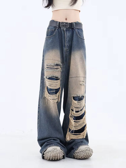 Women'S Gothic Black Jeans High Waist Vintage Korean Fashion Y2K Streetwear Ripped Pants Harajuku Casual Wide Leg Denim Trousers